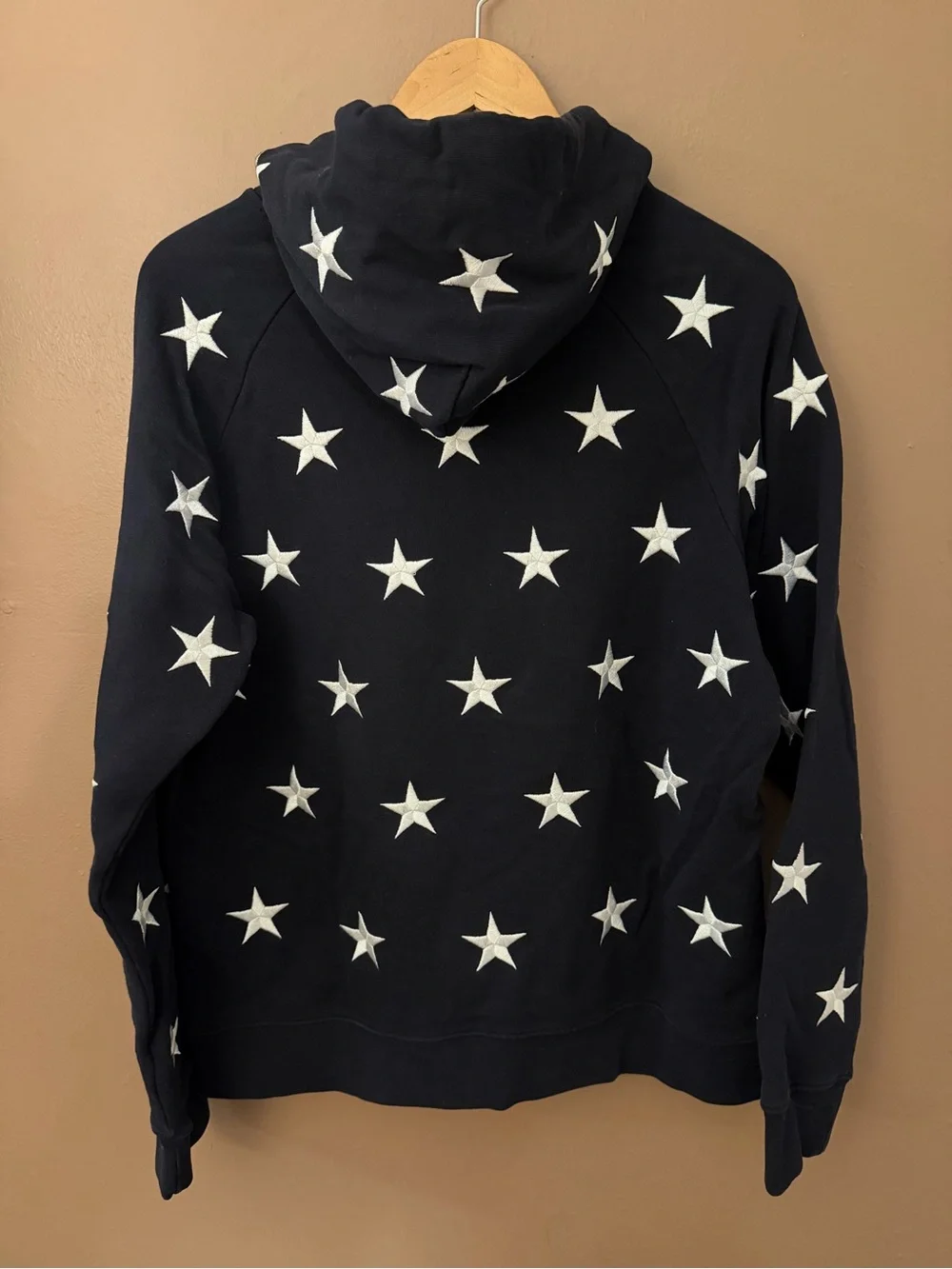 Sandro Paris Navy/White embroidery star Cotton Pullover Hoodie L front pockets